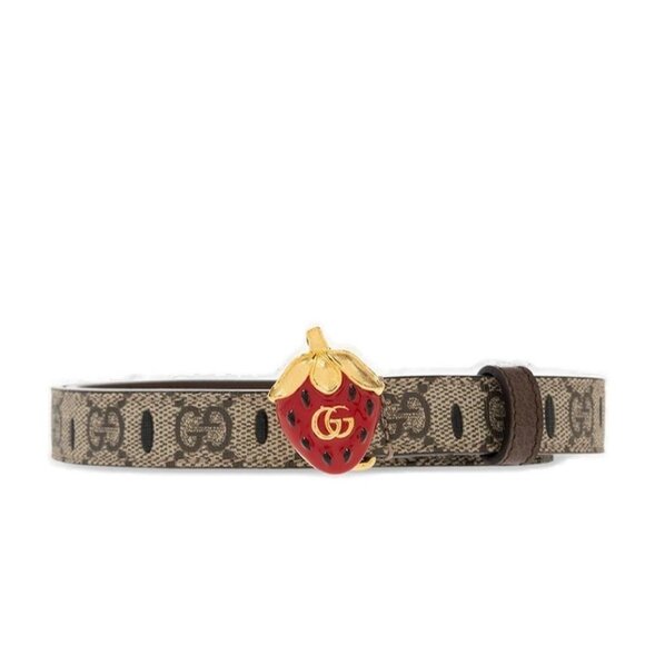 Gucci Women’s Monogram Strawberry-plaque GG-supreme Canvas Thin Buckle Belt Ebon - Picture 1 of 10